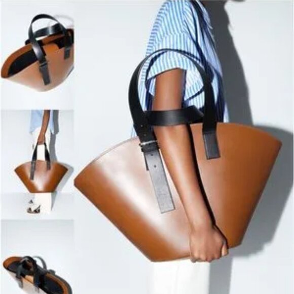 ZARA XXL Leather Bucket Tote Brown with Black Handles - Picture 16 of 16